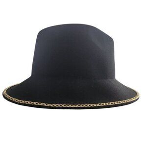 Zara Black Fedora Wool Hat Gold Rim Chain Preppy Old Money